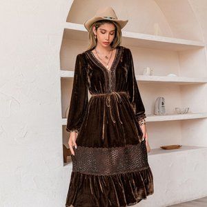 Drawstring V-Neck Crochet Dress